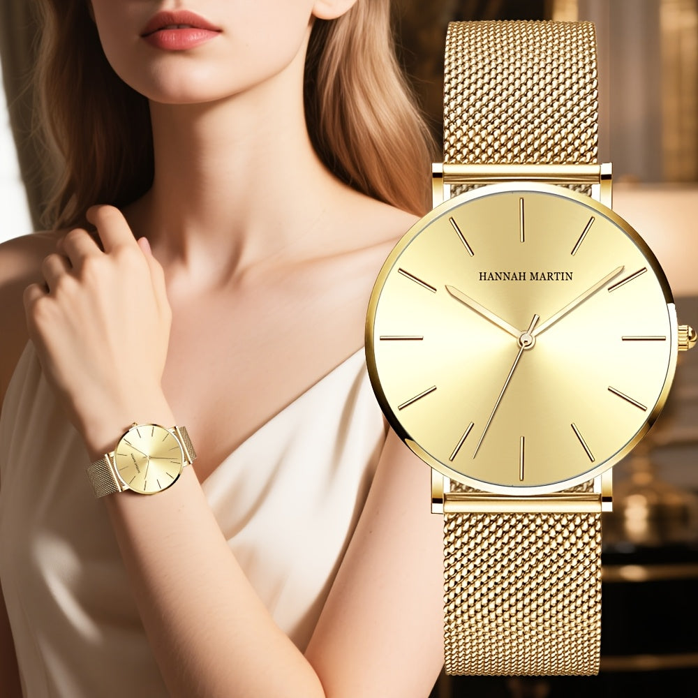 Gold Mesh Watch Refined Minimalism, Japanese Movement
