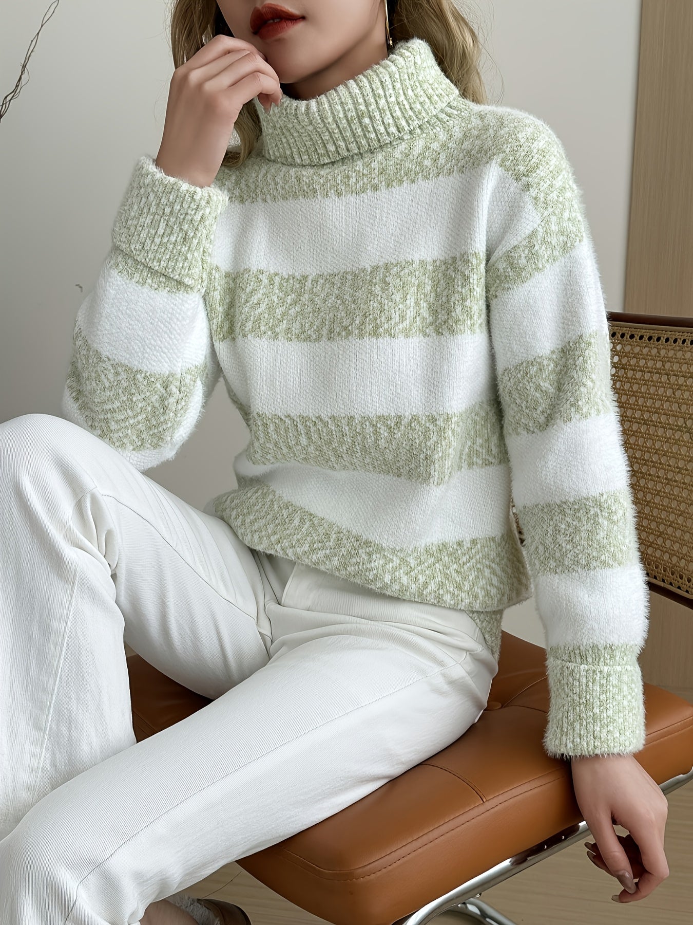 Striped turtleneck blouse, soft knit, essential for autumn