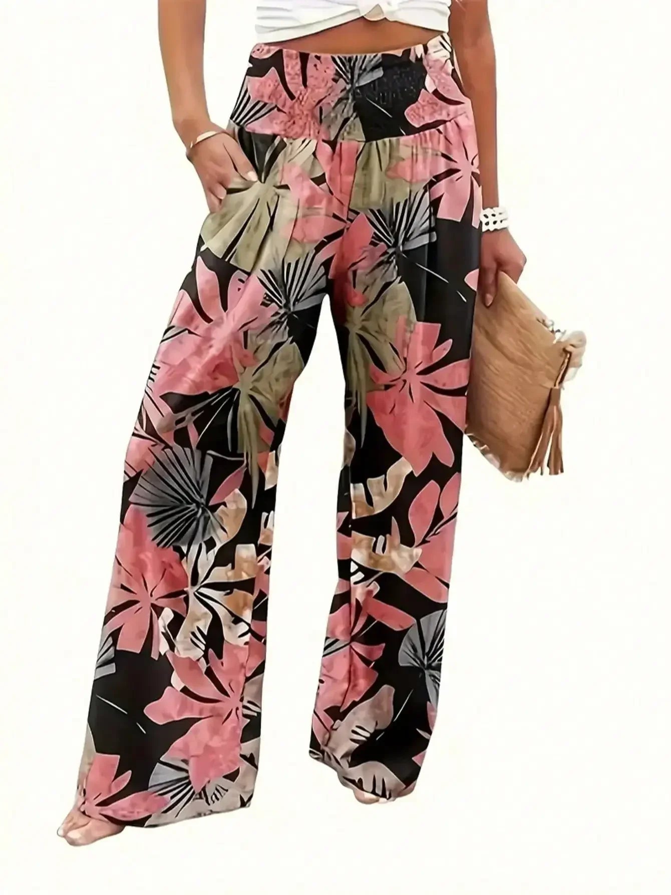 Pleated knit pants, wide leg, floral design