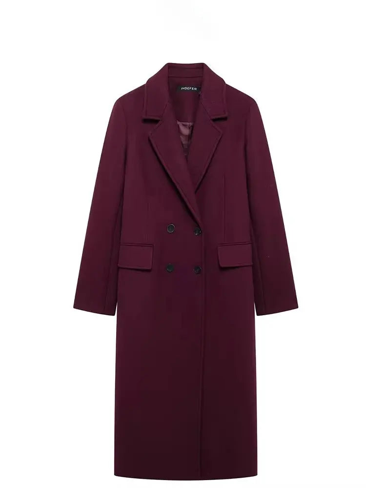 Women's Burgundy Wool Coat – Double-Breasted Outerwear for Refined Elegance
