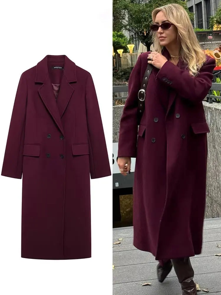 Women's Burgundy Wool Coat – Double-Breasted Outerwear for Refined Elegance