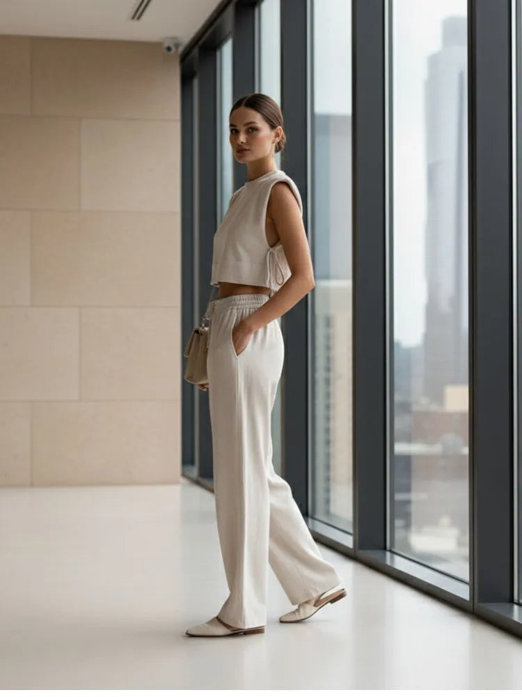 Women’s Linen Two-Piece Set – Crop Top & High-Waist Trousers | NOVAÉLLE Summer Edit