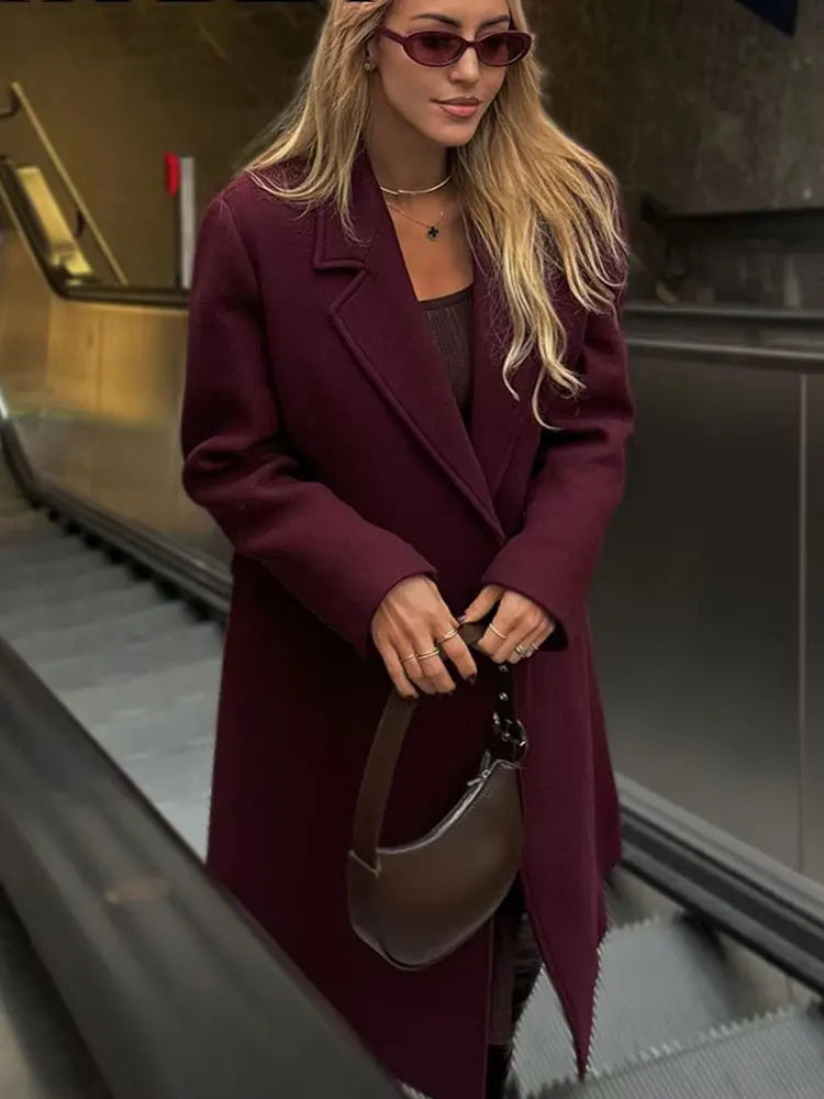 Women's Burgundy Wool Coat – Double-Breasted Outerwear for Refined Elegance