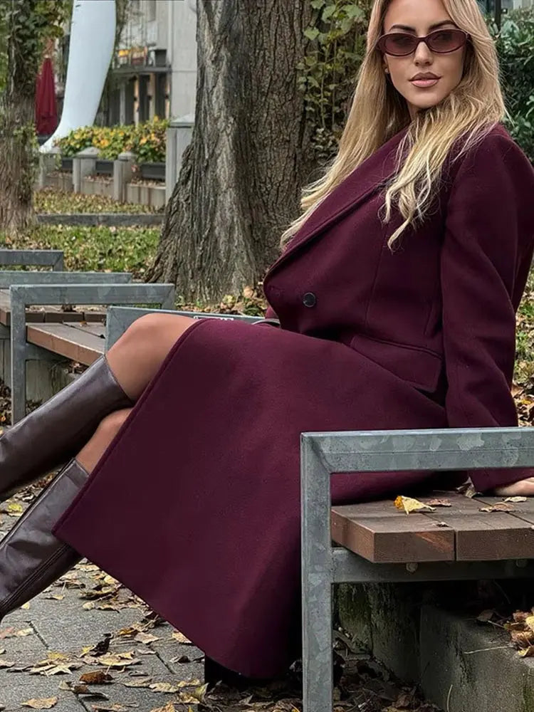 Women's Burgundy Wool Coat – Double-Breasted Outerwear for Refined Elegance