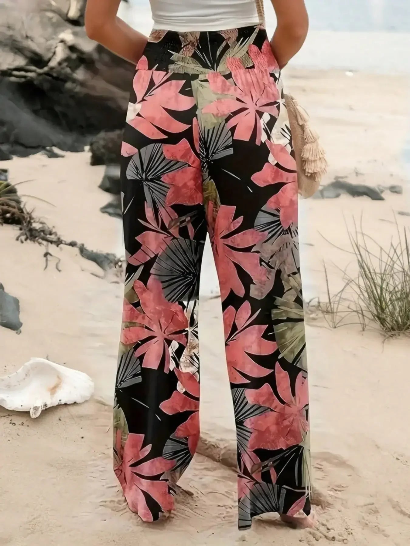 Pleated knit pants, wide leg, floral design