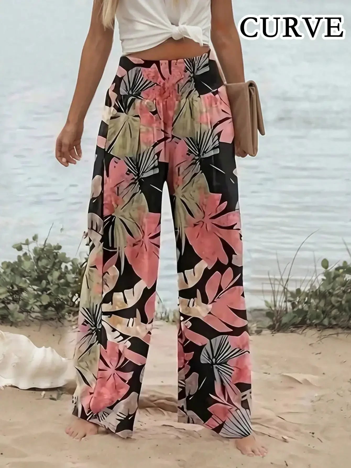 Pleated knit pants, wide leg, floral design
